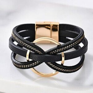 Black & Gold Multi-Strand Wrap Bracelet • Boho Magnetic Clasp Statement